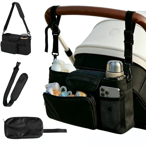 Kinderwagen Organizer Universal mit Isolierten Getränkehalter - Buggy Kinderwagentasche mit Verstellbarem Schultergurt, Wasserdichte Baby Zubehör Tasche für Windeln, Handys, Flaschen (Schwarz)