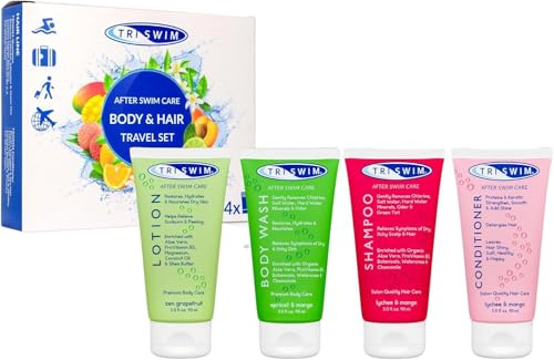 TRISWIM - Premium Set Da Viaggio Dopo Aver Nuotato Per La Rimozione Del Cloro, Bagnoschiuma, Shampoo Idratante, Lozione Corpo Anti Cloro, Balsamo Capelli Per Nuotatori (4x90ml)