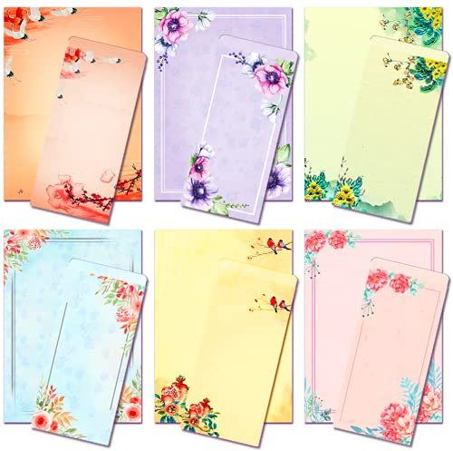 ANZON MORIES A4 Japanese Stationery Paper and Envelopes Set, 48 Letter Writing Paper with 24 Self-Sealing Envelopes, Printer Friendly, Color Both Sides, Ink Painting Classic Vintage Floral Design