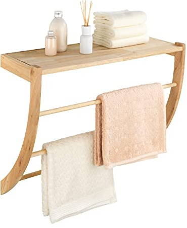 WENKO Étagère murale Norway, étagère de qualité supérieure avec surface de rangement et 3 tringles porte-serviettes pour les serviettes et les vêtements etc. dans la salle de bain, la cuisine et le salon, style scandi, en bois de noyer massif huilé, 60 x 50 x 25 cm
