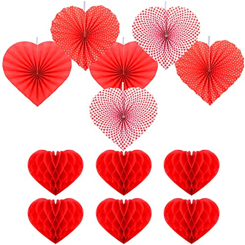 6 Pieces Valentines Day Red Heart Paper Fans and 6 Red Paper Honeycomb Ball Decorations Paper Hearts Pompoms Decorations for Valentines Wedding Classroom Anniversary Bridal Shower Decorations