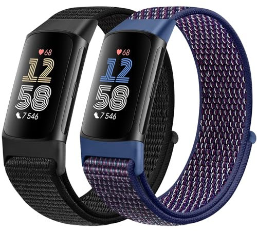 Runostrich Sport Loop Nylon Watch Straps Only Compatible with Fitbit Charge 5 Advanced Fitness Tracker Strap, Adjustable Breathable Replacement Soft Nylon Loop Wristband, Dark Black+Indigo