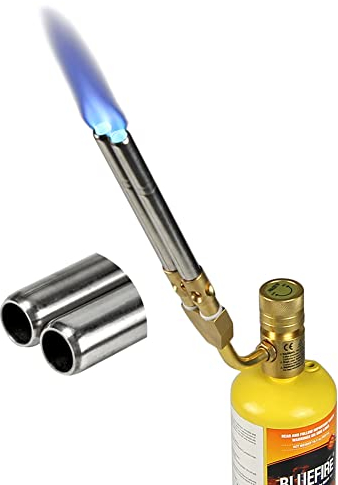 BLUEFIRE Double Flame Jet Turbo Torch Head High Output 17060 BTU Full Metal Heavy Duty Manual Ignition Gas Welding Dual Tubes Blowtorch Nozzle Fuel by MAPP MAP Propane Brazing Soldering Flamethrower