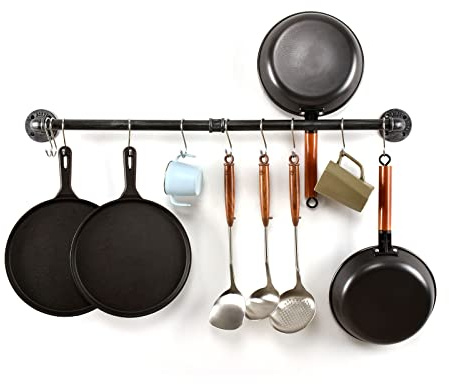 LINKPIPES Rohr Topf Pan Rack Wandbefestigte industrielle Utensil Deckel Halter Kochgeschirr Aufhänger Küche Organizer Hängende Bar Schiene mit S Haken (36 Inch, Schwarz Grau)