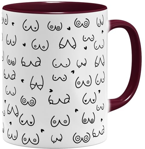 OM3® witzige Doodle Kaffeetasse mit Brüsten - Titten Tasse Brüste-Muster - Keramik Becher - 11oz 325ml - Rundumdruck - Bordeaux