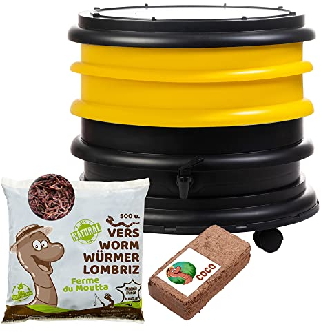 WORMbox | Wurmkomposter Wurmfarm Wurmkiste mit 2 Schalen Gelb + 250g Kompostwürmer / 500 STK + 1 Coco | 32 Liter | Regenwurmkomposter, Kompostwürmer produzieren Wurmhumus