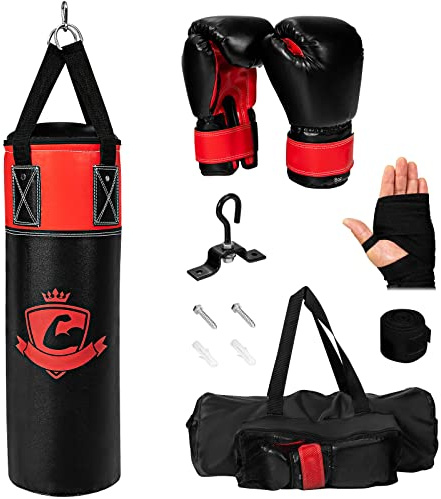 GYMAX boxningssäck för barn, förfylld boxningssäck för barn med boxningshandskar, handomslag och bärväska, hängande tung boxningssäck för barn, MMA, spark, boxning, muay, thai taekwondo karate träning