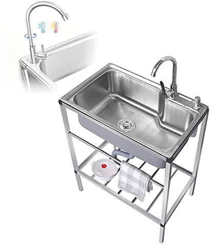 WORDFUN Fregadero De Cocina Comercial, Fregadero Independiente De Acero Inoxidable, Fregadero Camping con Grifo, Mueble Fregadero, Fregadero Industriales, Lavadero Pila Exterior