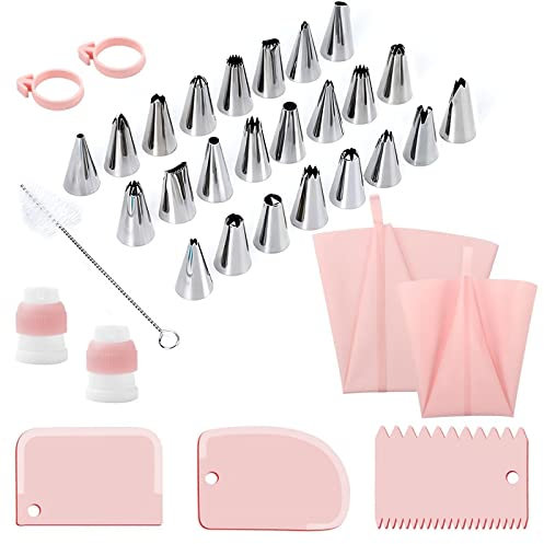Joyeee Boquillas Manga Pastelera, 34pcs Manga Pastelera de Silicona Profesional Reutilizable Suministros para Hornear, Herramientas para Decoración de Tartas Cupcakes Galletas, Repostería Utensilios