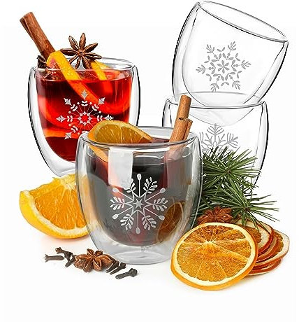 Wrenbury Bicchieri da vin brulé da 220 ml, set di 4 bicchieri natalizi con fiocco di neve, in borosilicato a doppia parete, isolati per bevande calde