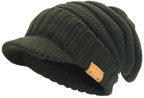 Herren Dame Dick Vlies Gefütterte Strickmützen Stricken Slouch Mütze Mit Visier (Grün)