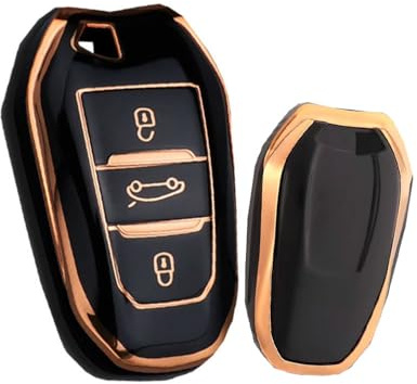 HIBEYO Smart Autoschlüssel Hülle passt für Peugeot 301-307-308-408-2008-3008-5008 Schlüsselhülle TPU Schutzhülle für Citroen C4L-C3-C5-DS5LS für Opel Grandland Schlüsselgehäuse 3Tasten-Gold Schwarz
