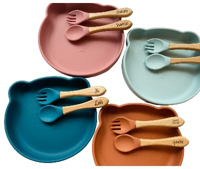 Ensemble repas personnalisé pour enfant : assiette à ventouse, couverts assortis - idéal pour bapteme et naissance - cadeau unique pour bébé - kit coffret diner en couleur bleu, un présent pratique.