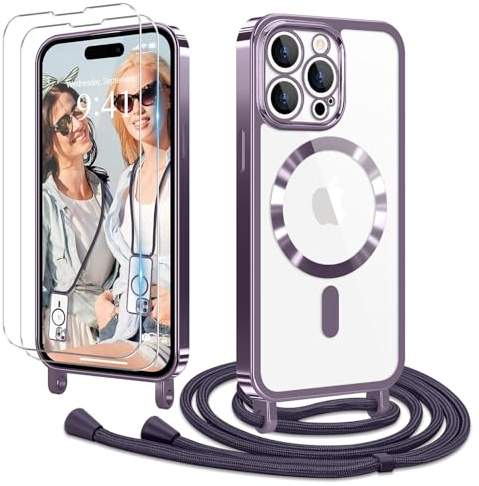 Ethanger für iPhone 15 Pro Hülle mit Band + 2 Schutzfolie, Lila | Handyband Transparent Silikon Handyhülle, Magnetische Schutzhülle Case zum Umhängen Kordel