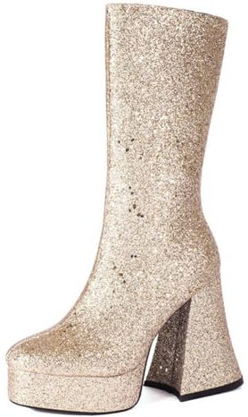 WeFloHsL Damen Glitzer Plateau Halbschaft Stiefel Mit Blockabsatz Quadratische Zehen Arbeits Hochzeitsstiefel Mit Reißverschluss,Gold,39 EU
