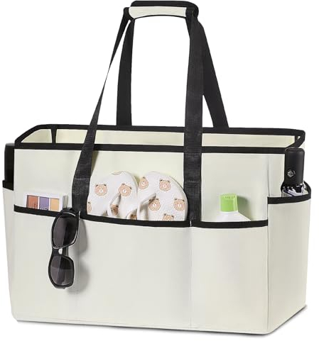 DEWUR Strandtasche XXL Familie Groß Badetasche Shopper mit Reißverschluss Wasserdicht 40L Mehrere Taschen mit Nasstasche für Strand Reise Schwimmen Fitnessstudio (Weiß)