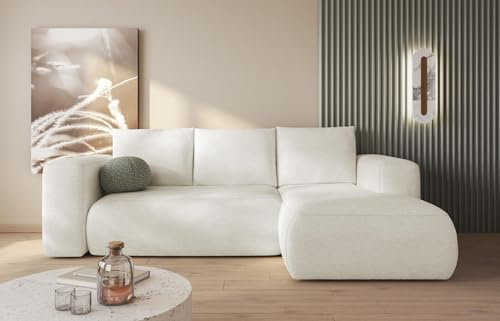 Easy4You Lami Creme Corner Sofa L-Shape Right 266 x 89 x 164 cm with Sleep Function and Storage Space - Sofa Bed with Bed Box - Modern Living Room Furniture - Fabric: Boucle 01