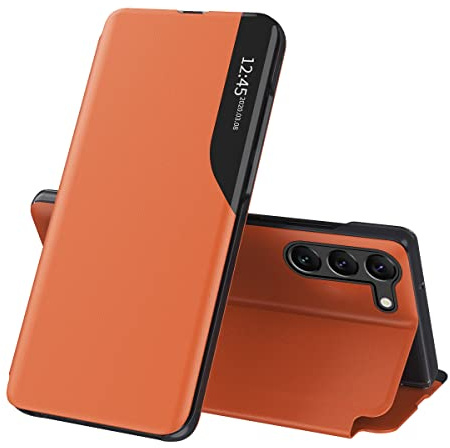 SIYOPINPFY Fodral för Samsung Galaxy S23, Smart Clear View Windows-fodral, Flip plånboksfodral i PU-läder med kickstand och stötsäkert skyddshölje för Samsung Galaxy S23 Orange QHC