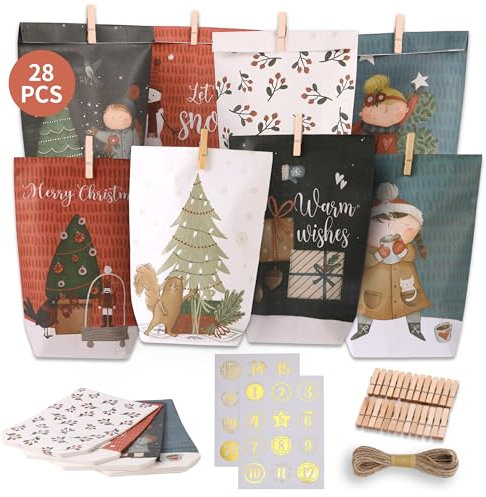 Adventskalender zum Befüllen - DIY Adventskalender selber befüllen mit 28 Kraftpapiertüten, Doppelseitig bedrucktes Motiv - Geschenktüten zum Basteln Verschenken Weihnachten & Advent Kinder Erwachsene