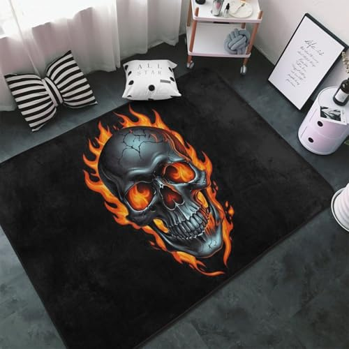 Alfombra de metal con diseño de calavera de llama para sala de estar y dormitorio, lavable, suave, 3 x 5 pies, antideslizante, decoración estética de 60 x 39 pulgadas