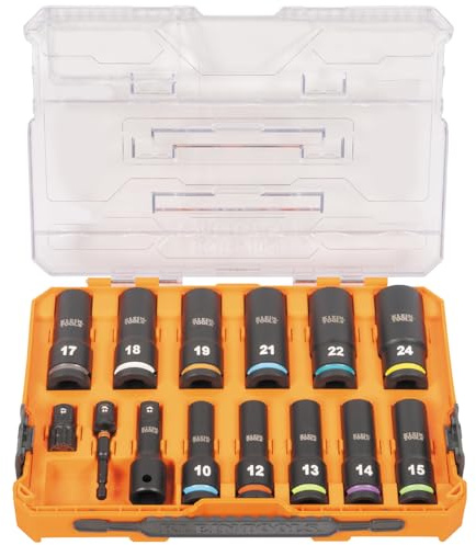 Klein Tools 65111IMPCTM KNECT Set di bussole a percussione per pozzi profondi, attacco da 1/2, metriche, codificate a colori, custodia MODbox, adattatore e prolunga per impatto, 14 pezzi