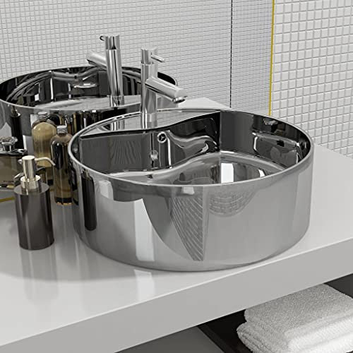 ShGaxin Lavabo avec trop-plein, lavabo à poser sur plan de travail, lavabo de salle de bain, meubles de salle de bain, meuble lavabo, 46,5 x 15,5 cm, céramique argentée