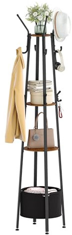 Hzuaneri Garderobenständer, Kleiderständer mit Großer Aufbewahrungskorb, Garderobe mit 3 Ablagen, 16 Haken, für Eingangsbereich, Schlafzimmer, 182,5 cm Hoch, Braun und Schwarz CR27301B