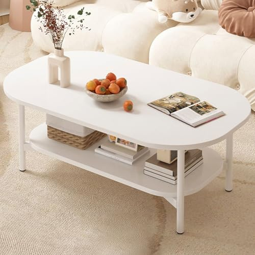 Wohnzimmertisch Weiß mit Metallhalterung, Couchtisch Oval mit 2 Ebenen, Wohnzimmer-Mitteltisch, Sofa Tisch for Wohnung, Empfangsraum, Büro