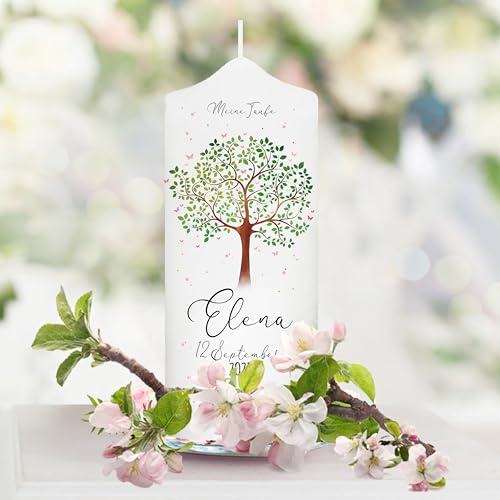 Wandtattoo Loft Taufkerze Mädchen personalisierte Patenkerze, Motiv mit Lebensbaum, 18cm x 7cm, personalisierte Kerze, bedruckte Kerze zur Taufe, Stumpenkerze, individuelles Taufgeschenk