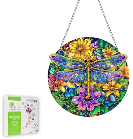 Ginfonr Diamond Painting Kits Hanging Pendant, Dragonfly Summer Decorations Outdoor, Flower Crystal Ornaments Diamond Art Suncatcher, Double Sided Hanging Kits for Garden Window (20x20 cm)