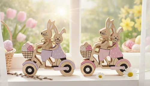 KAMACA 2er Set Hasenpaar auf Roller – Charmante Osterdekoration aus Holz – 12 cm - Detailreiche Holzfiguren als Blickfang für Ihr Zuhause