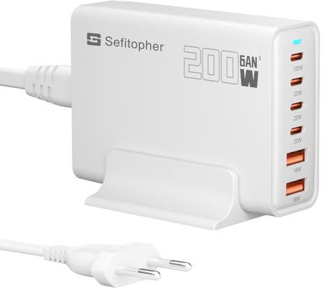 200W USB C Fast Charger Plug, 6-Port GaN III Charging Station PD 100W 65W 44W 20W Laptop & Phone Charger + 18W QC, Compatible with MacBook Pro/Air,Dell XPS, iPhone 15/16/14/ Pro, iPads, Steam Deck