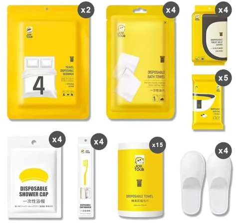 YZZPWXQY 48pcs Disposable Travel Set: Bed Sheet*2 Duvet Cover*2 Pillow case*4 Bath Towels*4 Shower Caps*4 Plastic Bathtub Bag*5 Toilet Seat Covers*4 Compression face Towel*15 Toothbrushes*4 Slippers*4