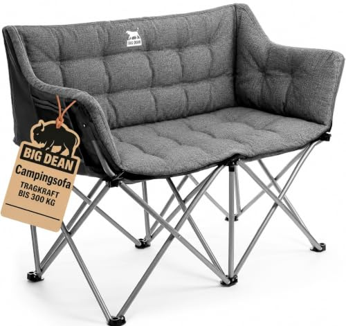 BigDean Campingstuhl faltbar 2 Personen bis 300kg gepolstert | Camping Sofa mit Seitentasche, Tragetasche, faltbares Campingsofa
