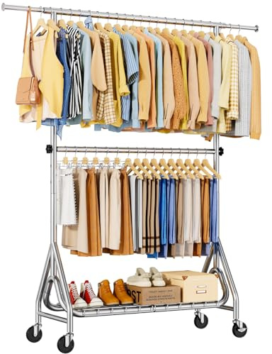 JIEJIERUI Heavy Duty Clothes Rack for Hanging Clothes, Double Rods Clothing Rack with Lockable Wheels, Rolling Garment Racks with Shelf, Easy to Assemble, Silver