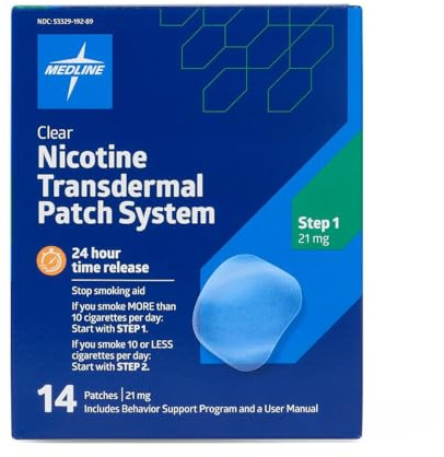 Medline Nicotine Patches 21mg to Quit Smoking, Step 1 Nicotine Patch, Nicotine Patch Step 1, Made in USA, Stop Smoking Aid, 24 Hour Time Release, Clear, 14 Patches