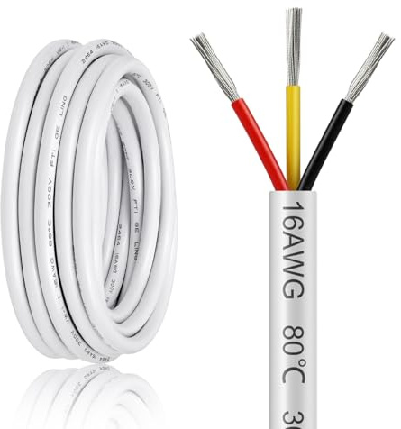 16AWG 3 Core Electrical Cable 10m, 1.5mm² Flexible Stranded Tinned Copper Wire for 12V 24V LED Strip Lighting, Automotive and DIY Projects, White