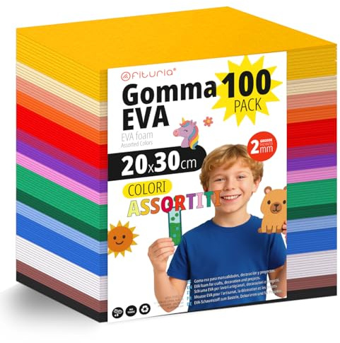 OFITURIA Pack 100 Hojas Goma Eva, Colores Surtidos, Tamaño 20x30cm, 15 Colores Diferentes Ideales para Proyectos Creativos, Manualidades, Uso Escolar, Profesional o Artístico (Sin Purpurina)