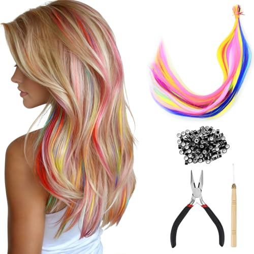 Euablfo 100 Pezzi Extension Per Capelli Colorati, Ciocche di Capelli da Agganciare, Ciocche di Capelli per Bambini, Pinze Per Parrucche con 100 Perline, Trecce per Coda di Cavallo