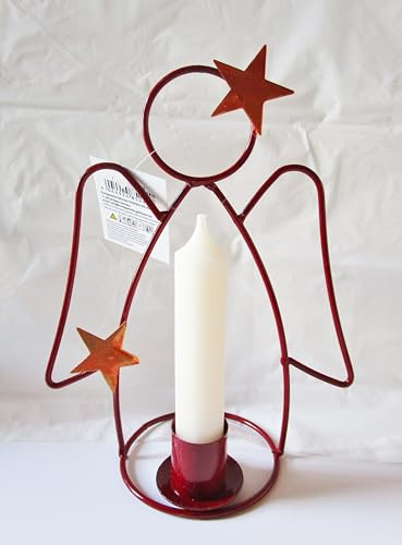 Kerzenhalter Engel Metallengel rot mit Sternen Deko Weihnachten Teelichthalter 20 cm hoch mit Stabkerze