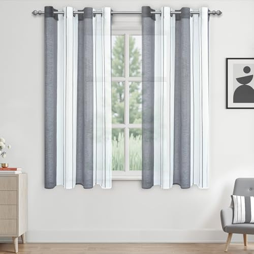 MRTREES Cortinas Salon Visillos Rayas Blanco y Gris Cortinas Infantiles Cortinas Cortas para Ventanas 2 Piezas con Ojales 140cm Ancho x 150cm Alto, Cortina Translucida Moderna para Casa