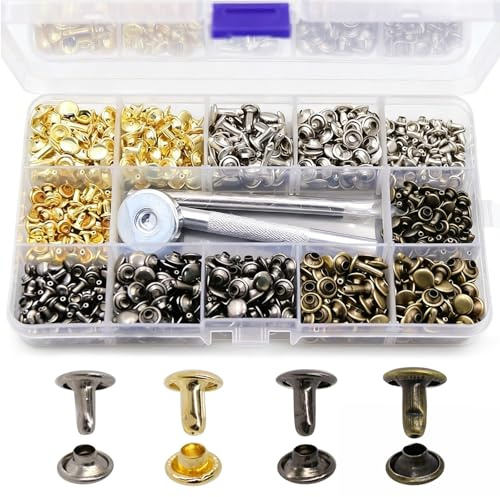 480 Set Leder Nieten Doppelkappe Hohlnieten 3 Größen Nietenzange Set Kleidung mit Bohrwerkzeuge Metallnieten Ledernieten für DIY Lederhandwerk Kleidung Dekoration (4 Farben)