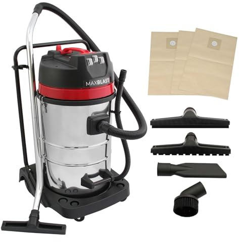 Aspirateur Industriel 80 L 3000 W en Acier Inoxydable Eau et Poussière Nettoyage Commercial Moteur Triple Filtre En Tissu Tuyau 1,5 m Câble 9 m Compatible Sans/Avec Sac [4 Sacs & 4 Accessoires INCLUS]