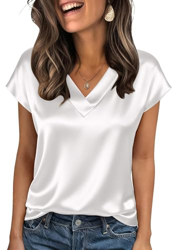 Zeagoo Blusa satén Mujer Cuello en V Manga Corta Tops de Seda Elegantes