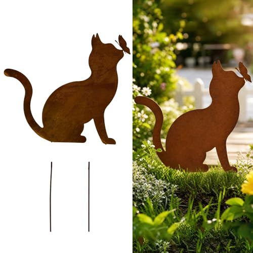 WRQIOO Gartenstecker Rost Katze mit Schmetterling, Gartenstecker Metall, Gartendeko Rost für Draußen, Edelrost Garten-stecker, Gartendeko Rostoptik für Terrasse Balkon Blumentopf