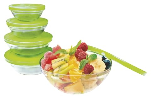 Jocca 4497V-GREEN 4497V-Set di 5 Ciotole in Vetro con Coperchio, antigoccia, Colore: Verde, 10 cm, 5 unità