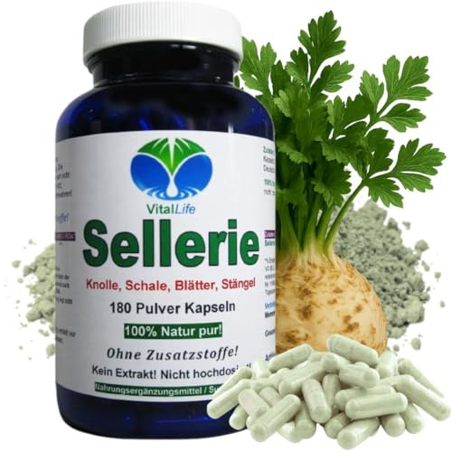 SELLERIE 180 Kapseln Wurzel Schale Blätter Stängel BLUT Magen LEBER Darm NIEREN Blase VERDAUUNG nach Hildegard von Bingen. 100% NATUR pur. OHNE ZUSATZSTOFFE. 26319-180