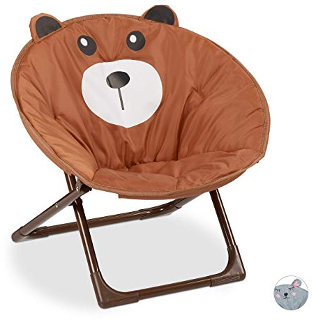 Relaxdays Moonchair Kinder, Bär, faltbar, HxBxT: 47 x 50 x 48 cm, Kinderstuhl draußen & drinnen, Kindersessel, braun