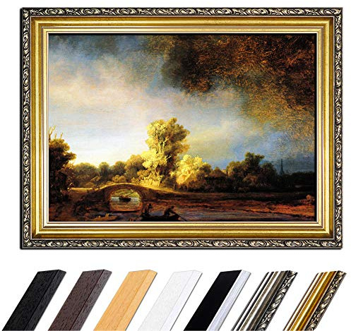 Bilderdepot24 Bild mit Rahmen - Rembrandt Landschaft mit Steinbrücke 50x40 cm - Gerahmtes Leinwandbild Alte Meister - Antiker Rahmen Gold Barock, Klassisch