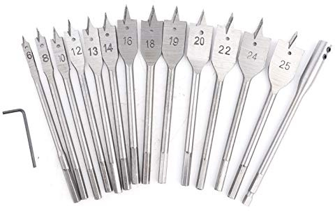 15-Piece Spade Drill Bit Sets, 6‑25mm Paddle Flat Bit with 1/4'' Quick Change Shank & 6'' Drill Bit Extension for Hole Cutter Woodworking